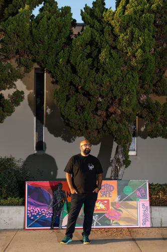 The artist Amir H. Fallah at his studio with part of his work “Remember This.” An enlarged version will be wrapped around the Institute of Contemporary Art San José. Credit...Maggie Shannon for The New York Times