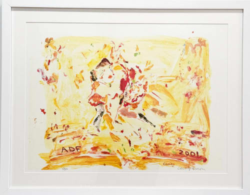 light yellow abstractly depicted woman dancing with movement frame serigraph