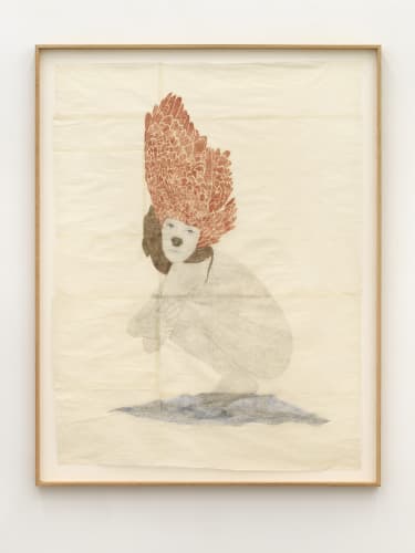 Self-portrait as an aztec statue with dog nose and eagle headpiece, 2023, drawing and collage with graphite and oil pastel from handmade carbon paper, on Taiwanese gampi paper, cm 155 x 118