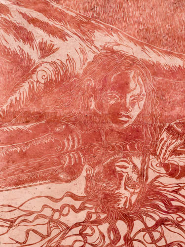 Shadowlands, 2023, hand printed linocut, ink on banana lokta paper, cm 92 x 77 (detail)