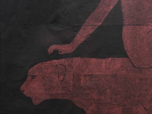 Marta Roberti, Autoritratto come Dioniso su giaguaro, 2025, oil pastel on black carbon paper, cm 220 x 250 (detail). Ph. Dario Lasagni