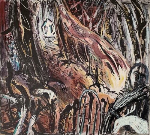 Flora McLachlan etching, watercolour & pastel piece showing an abstract view of a bone gate, in rusty browns, reds and blacks.