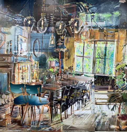 Alison Pullen collaged interior of a maximalist decorated dining room in dark colours with a large table and window