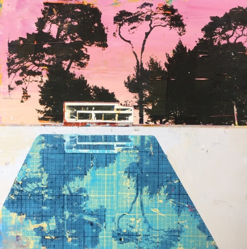 Anna Marrow screenprint showing an aqua blue swimming pool reflecting a pink sky and black trees.