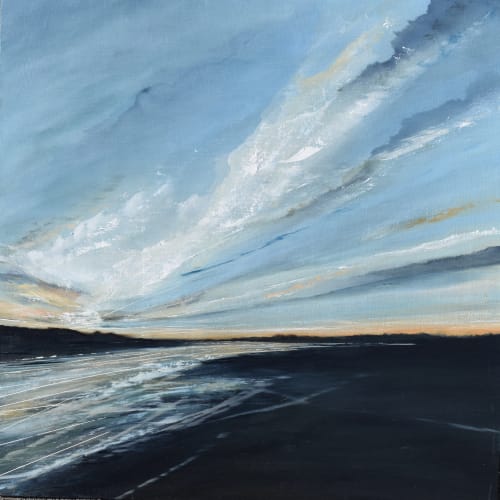 Jane Skingley landscape painting of Port Meadow at dusk, with a view of the river Isis and the line of trees along it in shadow.