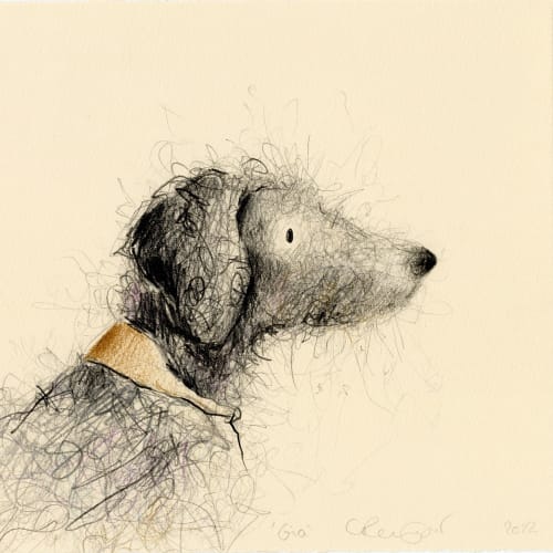 Catherine Rayner original portrait of a dog's profile turned to the right, in grey with short, fluffy fur..