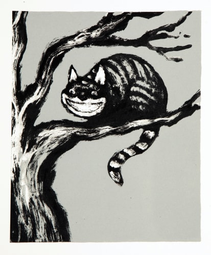 Mychael Barratt, black and white silkscreen of a stripped cat sat in the branches of a tree