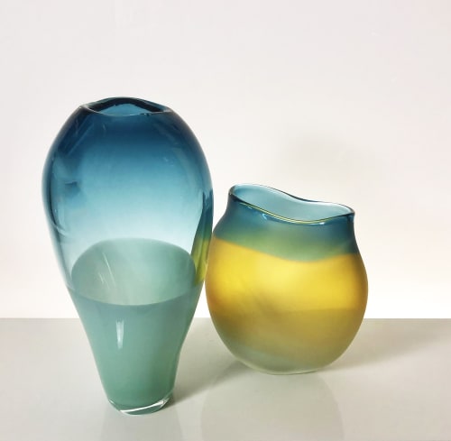 Michèle Oberdieck Glass vases in blues, greens & yellows.