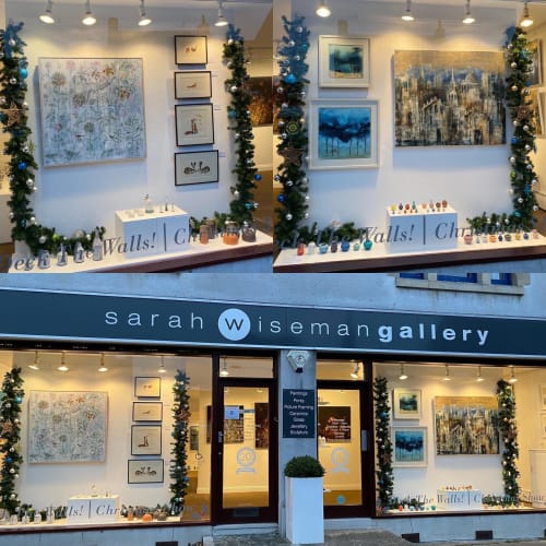 Sarah Wiseman Gallery images in a collage of 3 - the top two images showing both sindow displays and the bottom image showing the front of the building.