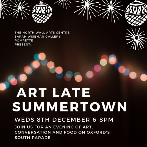 Art Late Summertown poster in black, decroated with fairy lights and Christmas decor among the top of the poster.