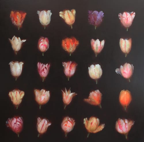 Fletcher Prentice painting of grid of tulip studies in various shapes and colours against a dark background.