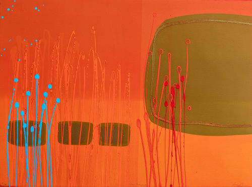 Charlotte Cornish abstract painting. It's painted in orange, with three squarish shapes in olive green on the left, with a larger, oblong shape in olive green on the right. There are brilliant turquoise squiggles on the left as