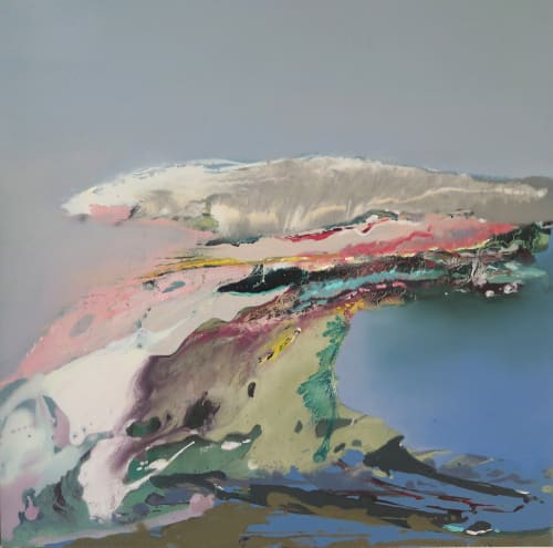 Elaine Jones abstract seascape, picturing a great wave with a mixed colour pallet of pinks, greens, blues, yellow and greys.