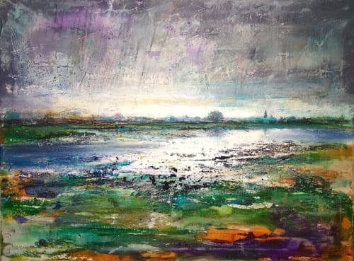Peter Kettle landscape painting of Port Meadow, Oxford. a bright beam of sun reflects upon the body of water in the lake, painted in vivid purples, greens, oranges and blues.