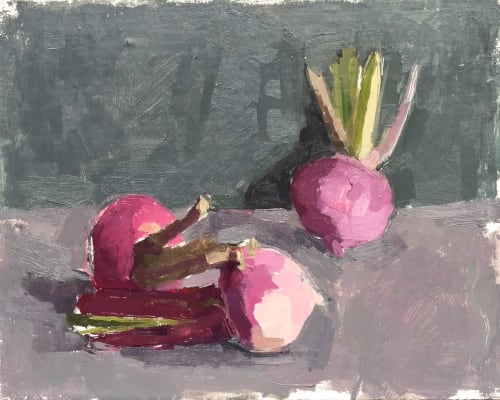 Sarah Spackman still life oil painting of 3 purple turnips, two of the turned over on their side and the third stood upright. Against a deep grey and duck egg blue background.