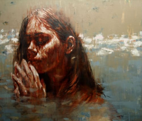 Toni Cogdell mixed media piece of a portrait showing a women facing towards the left of the image, her hands slightly in front of her face in prayer.