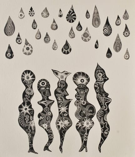 Trevor Price highly detailed drypoint engraving in black and white, showing large raindrops hovering over abstract figures with intensely detailed star patterns within them.