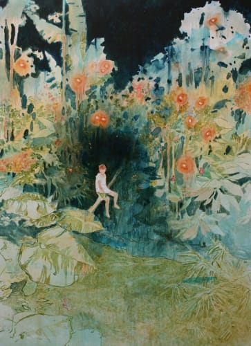 Daniel Ablitt painting of a night scene of a small boy sitting in a tree, surrounded by foliage and lanterns or flowers glowing in a warm orange colour.