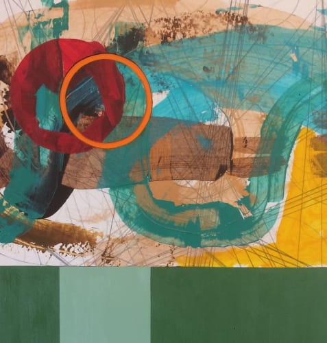 Mark Haddon acrylic piece on board, showing a split image - the top section showing turquoise, brown and yellow brush strokes with an orange and red circle layering above them, the bottom section shows a deep forest green background and a pale blue line