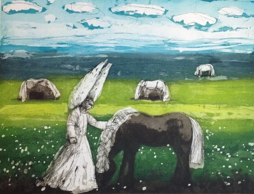 Karolina Larusdottir print, showing the figure of an angel in white stroking a small brown horse in a field of luscious green grass and other horses, the sky is a vivid sky blue with fluffy white clouds hovering within it.