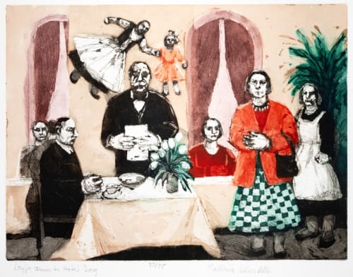 Karolina Larusdottir etching on paper piece, showing a group of people sat for dinner, a black and white waiter serving one of them. Two younger people can be seen as if they are floating above the diners, both holding hands.