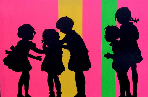 Athol Whitmore piece showing five black silhouettes of children engaged in play against a pink background with one yellow and one green stripe.
