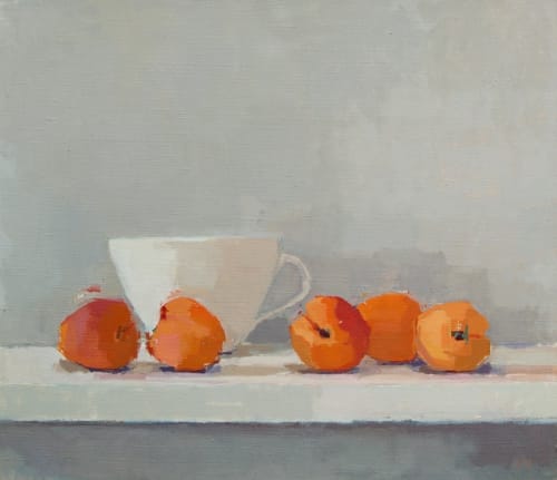 Sarah Spackman still life painting of apricots on a grey background, a white mug rests among them.