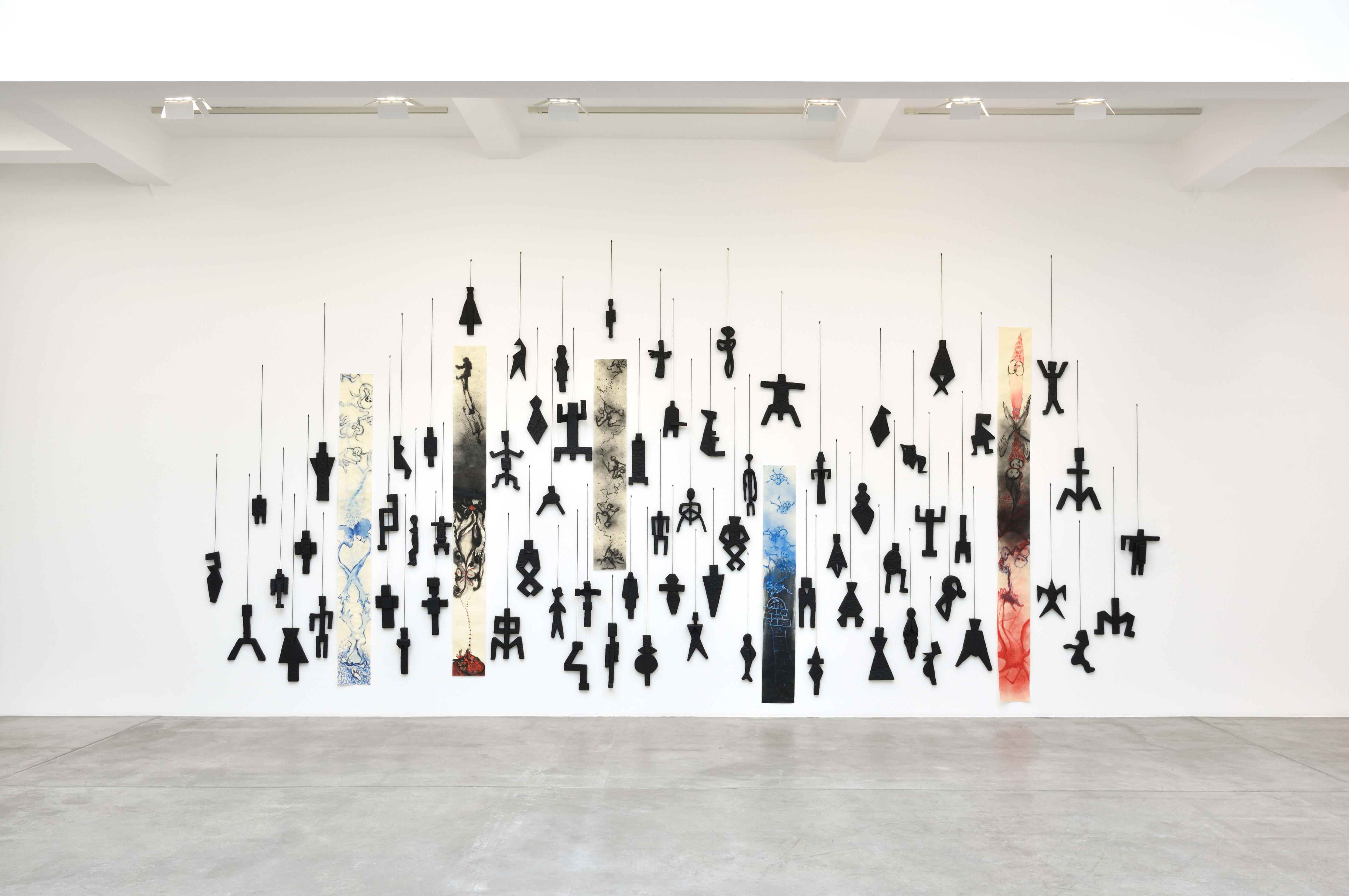 Annette Messager En même temps 2, 2021 Installation; 5 drawings, acrylic on Japanese paper, 70 sculptures, various objects, mat black...