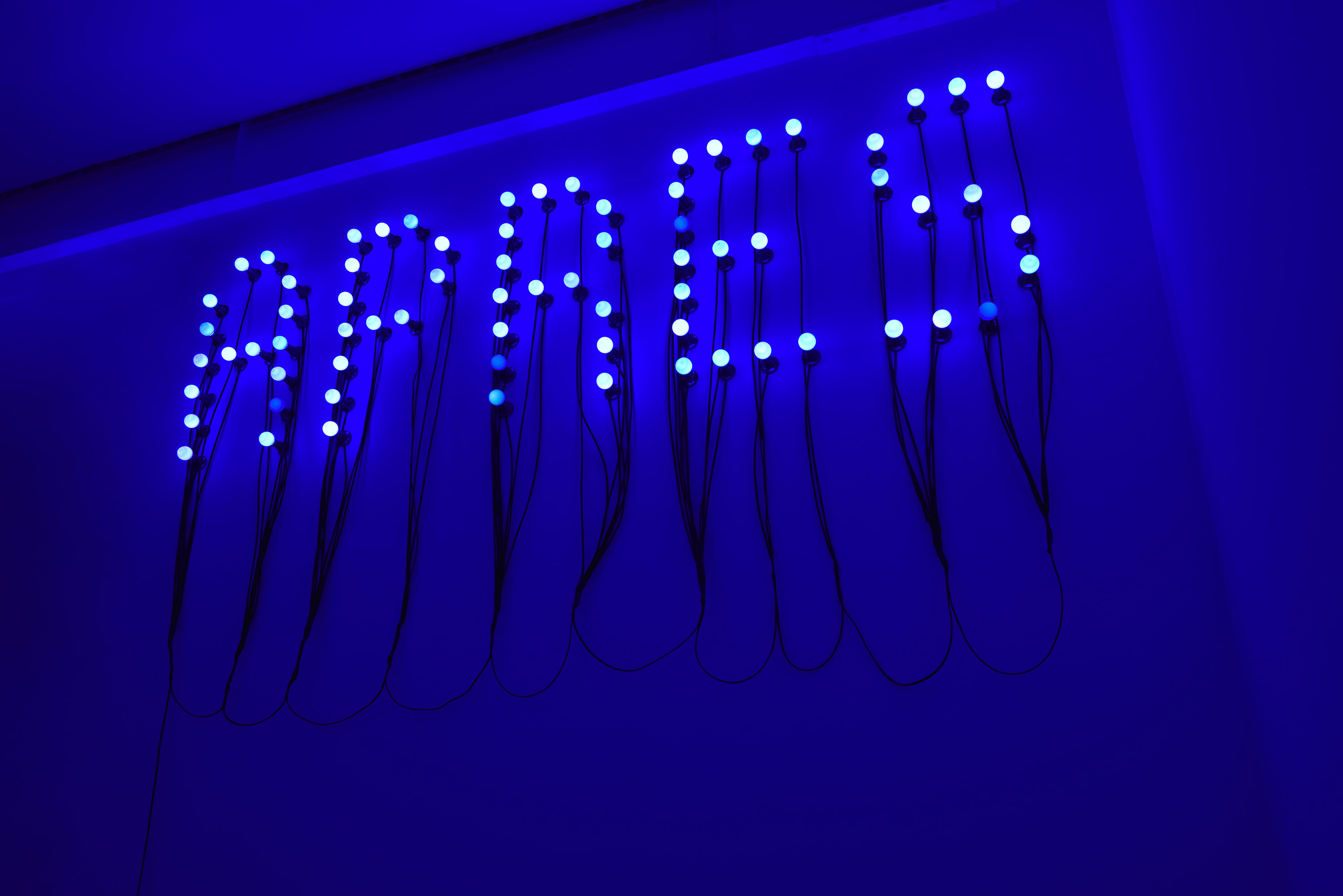 Christian Boltanski Après, 2010 72 brass sockets, 72 blue LED bulbs, electric wire, power socket Approx. 90 1/2 x 90...
