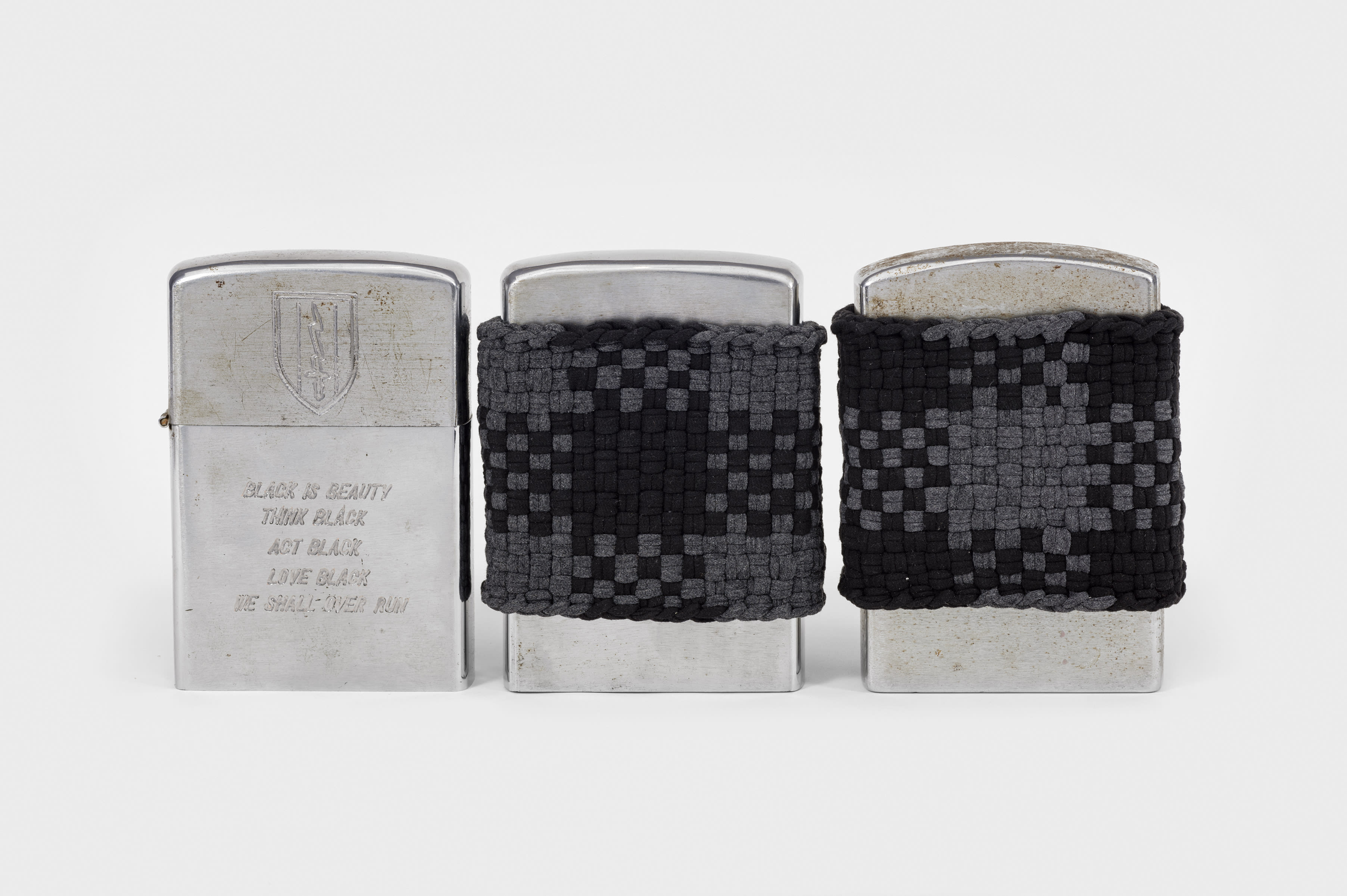 An-My Lê Black is Beauty, Think Black, Act Black, Live Black, We Shall Over Run, 2021 3 vintage lighters, cotton...
