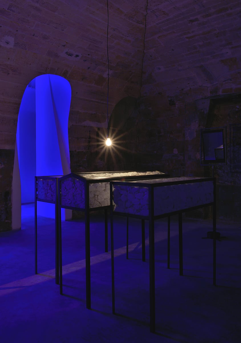 Christian Boltanski Les Vitrines, 2020 3 glass cases, metal, cotton cloth, lightbulb, 1-way mirror, metal frame, metal stand Cases: 18...