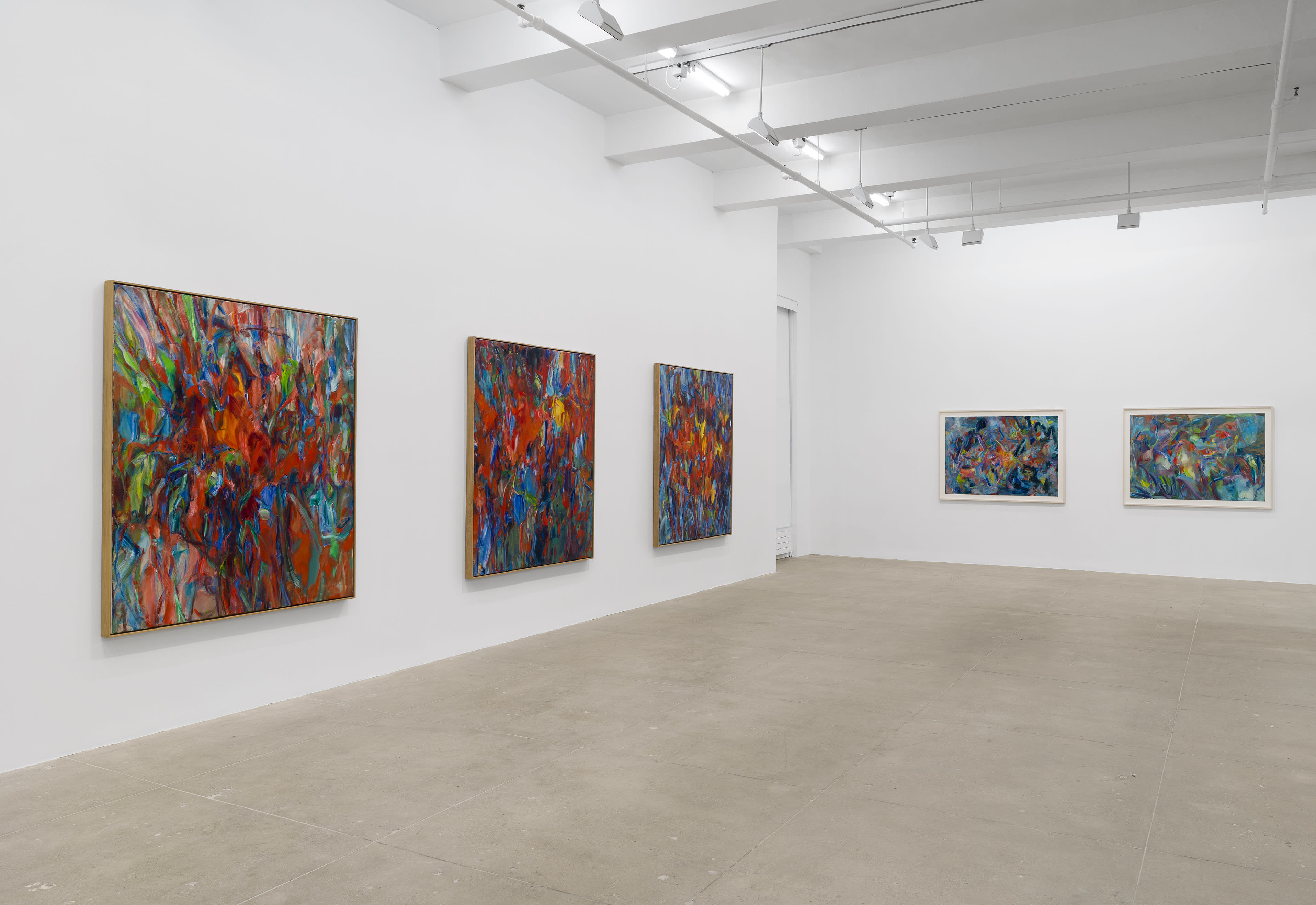 install view of solo exhibition by Sabine Moritz, featuring a suite of new large-scale paintings and works on paper, at Marian Goodman New York