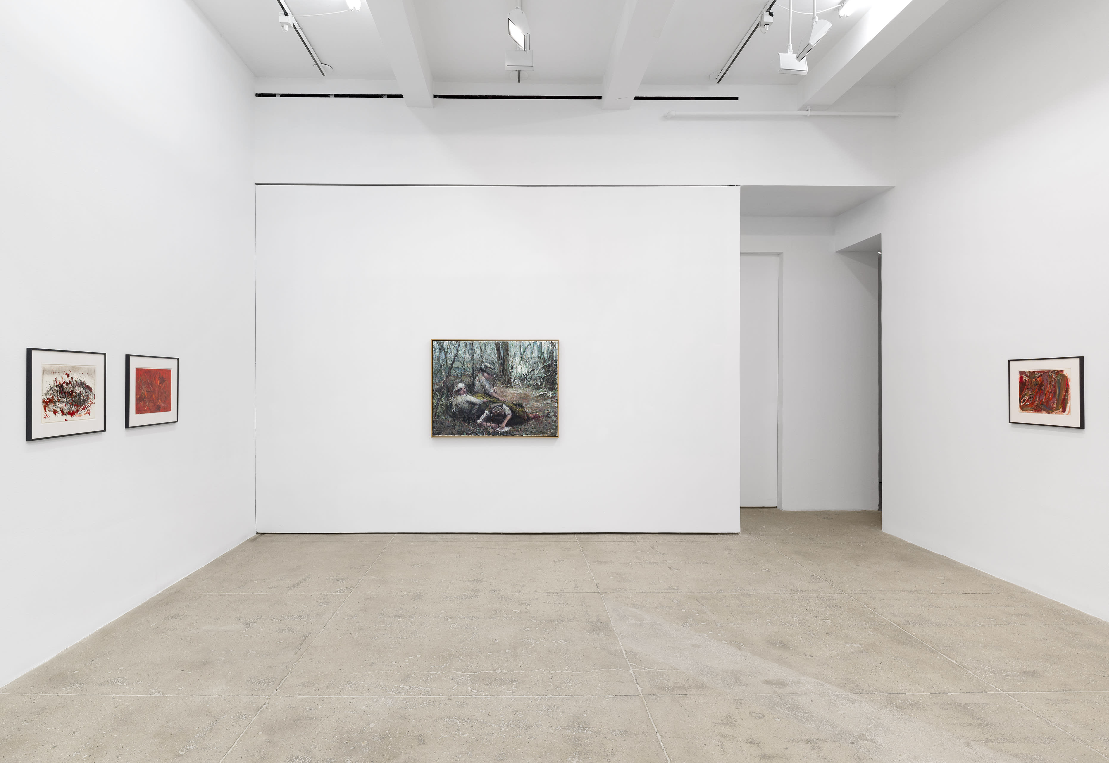 install view of solo exhibition by Sabine Moritz, featuring a suite of new large-scale paintings and works on paper, at Marian Goodman New York