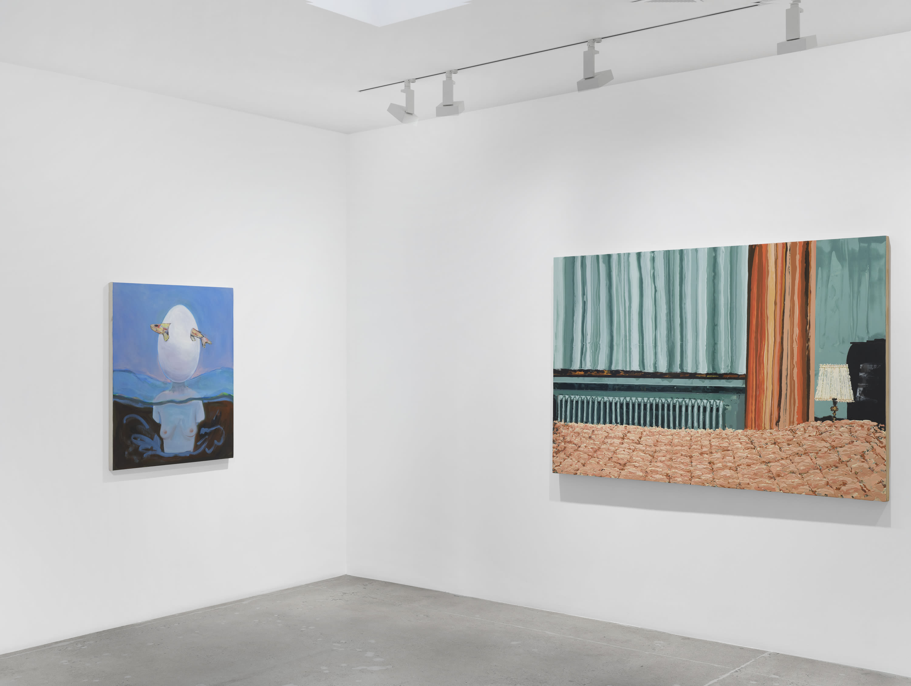 Becky Kolsrud, Rainbow Trout, 2025, and Kirsten Everberg, Bedroom, Kitchen, Bath (Jeanne Dielman), 2023 (detail)