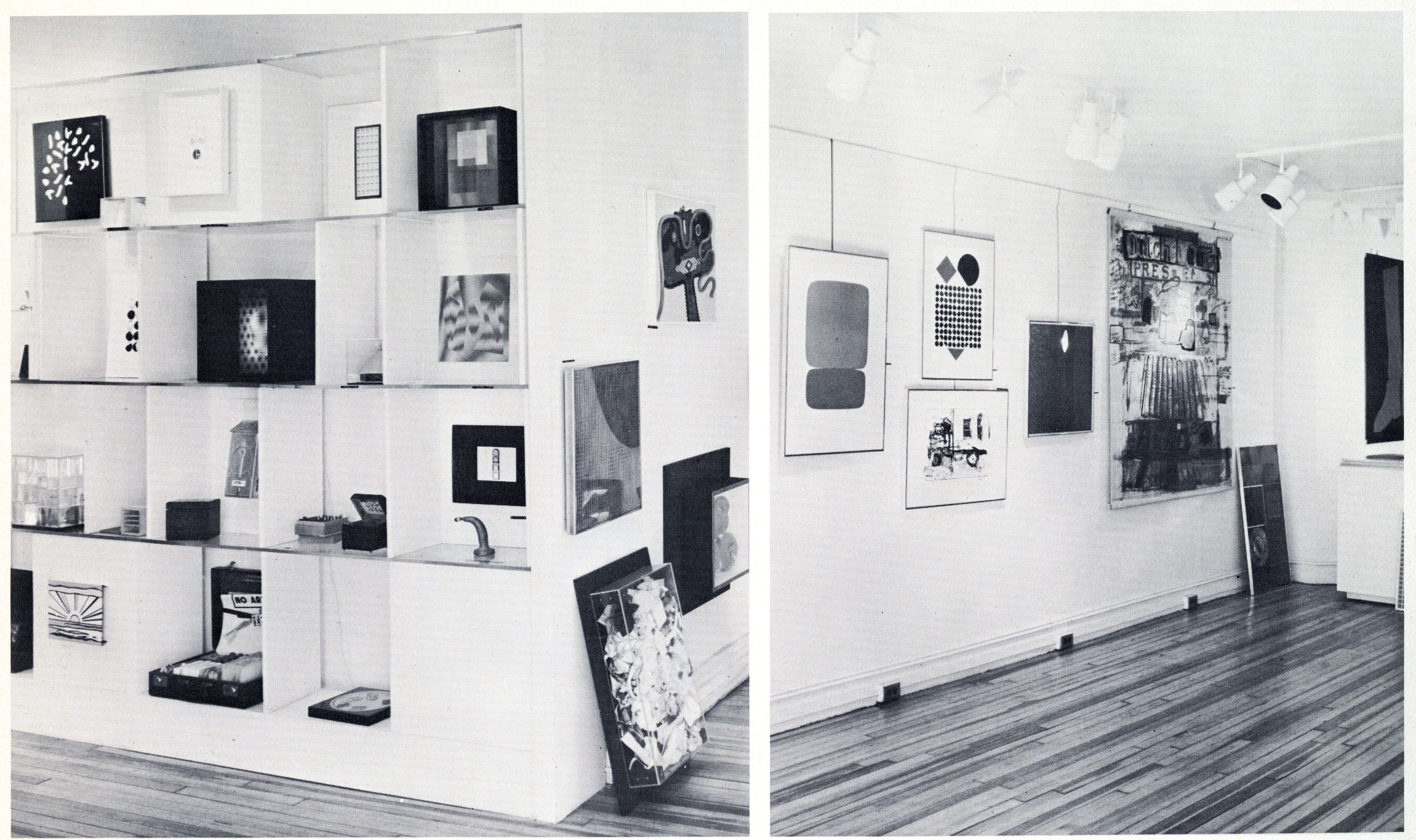2 black and white photographs of the interior of Multiples Gallery, 1966, New York