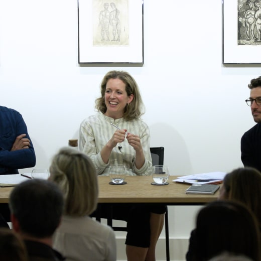 Left to right: Conrad Shawcross, Eleanor Nairne and Yuval Etgar at Luxembourg + Co., London on 2 November 2022.