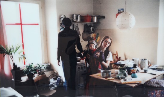 Annelies Štrba In the Kitchen, Linda and Sonia with Samuel Maria, 1995 C-Print Mounted Behind Glass 100 x 150 cm