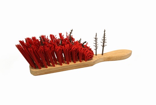 Richard Slee, Red Melted Brush, 2015. Bannister Brush, heat treated bristles and model trees, 30 x 6 x 9 cm. Courtesy of the Artist and Hales Gallery. Photo: Gallery S O