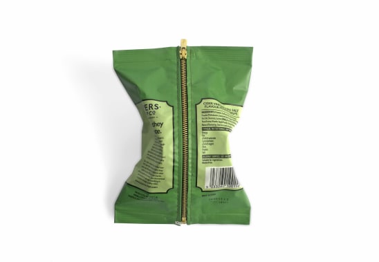 Kathleen Reilly Salt & Vinegar , 2018 Crisp Packet & Sewn in Zip 15 x 12 x 4cm Photo: Kathleen...