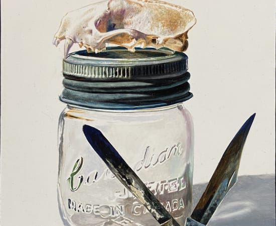 Richard A. Jacobson, Jack Knife with Mason Jar and Weasel Skull, 2020