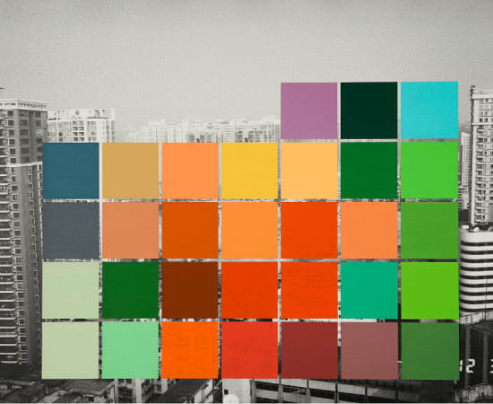 31 sticky notes of various colors are pasted on a black and white photograph of Village Yangji, Guangzhou by artist Li Lang