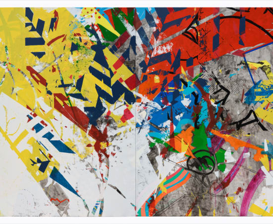 A mixed media painting by artist Bi Rongrong on which she uses different materials and colors such as yellow, red, dark blue, purple etc. to deliver a sense of dynamic patterns