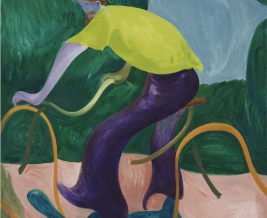 A young man in yellow shirt and purple pants ride with his bicycles. 