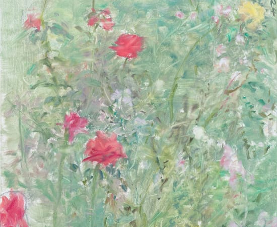 Pink and yellowish flowers painted by artist He Duoling which delivers a sense of early spring
