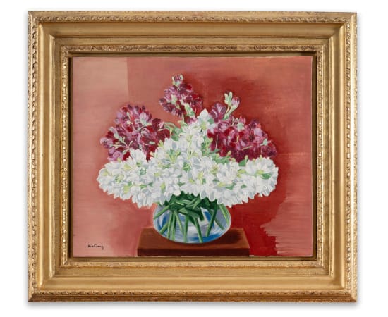Moïse Kisling (1891-1953), Fleurs blanches et grenat dans un vase transparent, circa 1948