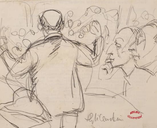 Enrico Glicenstein, 15 Sheets of Portrait Sketches, 5 of 15 (Back of Conductor and Musicians, Head in Profile to Right),...