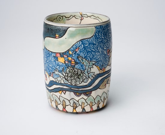 KOMAGO Tetsutarou 小孫哲太郎, No.26 Polychrome Yunomi with Carved Tree and Turtle Designs 線彫色絵樹木亀紋湯呑, 2023