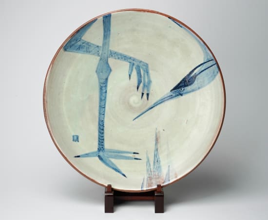 Kumakura Junkichi 熊倉順吉, Blue And White Glaze Over White Slip , Big Plate With Abstract Bird 青白釉 白化粧 鳥文大皿, circa...