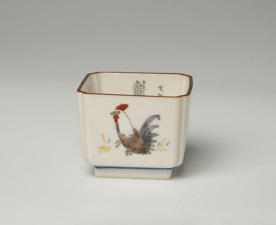 Tamura Keisei 田村敬星, Sake cup with Rooster Motif & Microcalligraphy 毛筆細字盃 酉歳の画