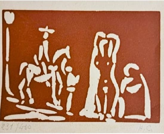 Pablo Picasso, Cavalier walking towards Celestine and Nude (New Years Card for 1968) , 1968